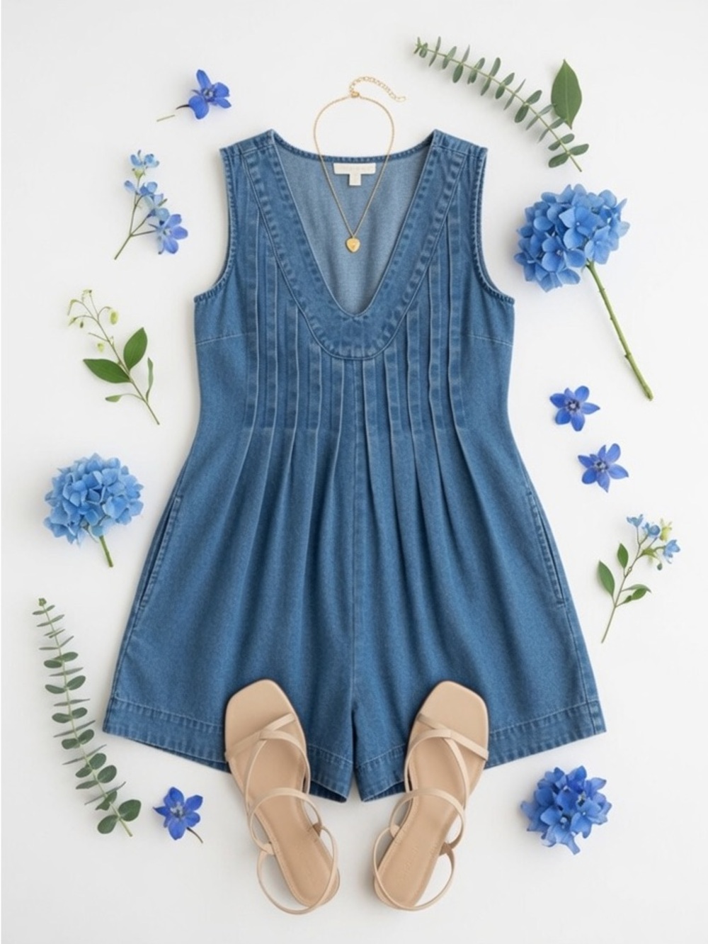 Vintage Pleat Cascade V Neck Romper